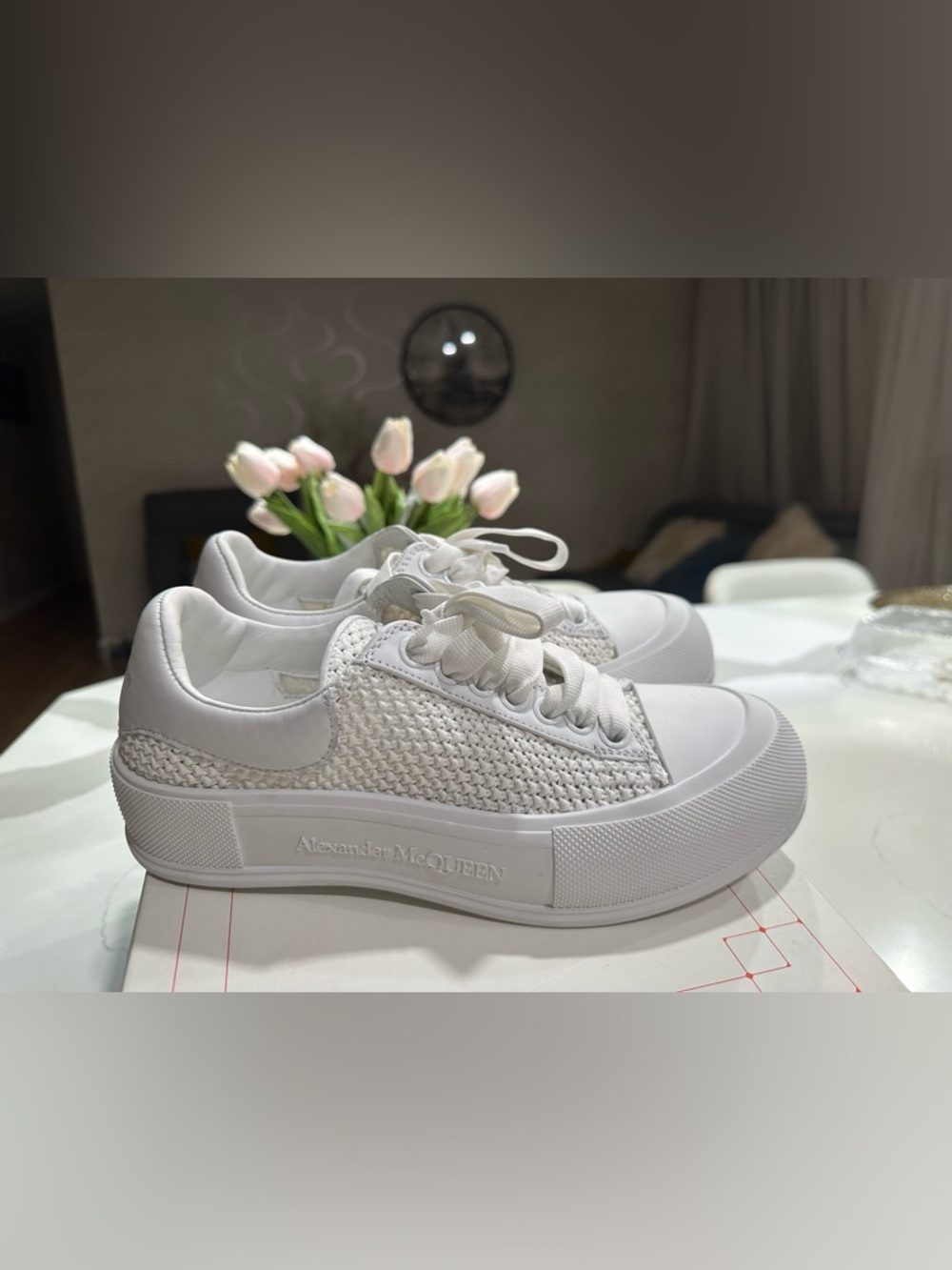 Alexander McQueen White Woven Low-Top Platform Sneakers, size 38.5